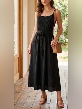 NWT S-DEER Black Pleated Bodice Cami Midi Dress Tie Waist Size Small